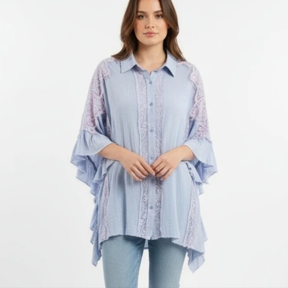 Oli & Hali Oversized Boho Top Button-Up Washed Lace Ruffle Frayed Hem Periwinkle - Picture 17 of 17